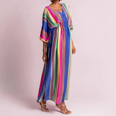 Women's Multicolored Striped High Waist Summer Beach Dress
