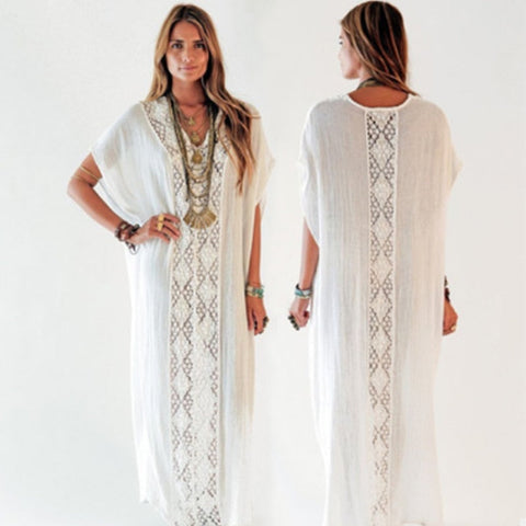 Women's Summer Dress White Cotton Tunic Beach Wear Maxi Dress