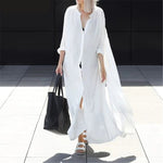 Women's Solid White Kimono Long Sleeve Ankle Length Shirts Dress a2cfashion