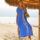 Women's Embroidery Kaftan Short Sleeve Swimsuit Cover Upside Split Dress