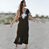 Embroidered V-neck Short sleeve Dress Tunic Women Maxi Dress