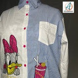 Daisy Duck Cartoon shirt/women's shirt/women's top/white and blue shirt/white shirt/blues strip shirt